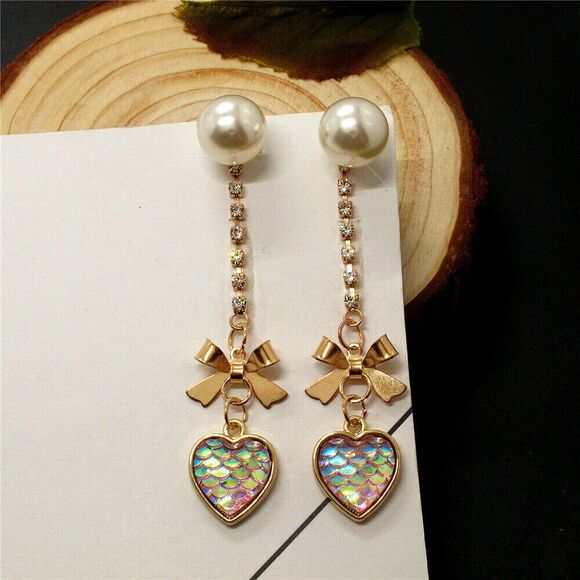 NEW Mermaid Scales Dangle Earrings Iridescent Pink White Gold Stud Mermaidcore - Picture 4 of 7